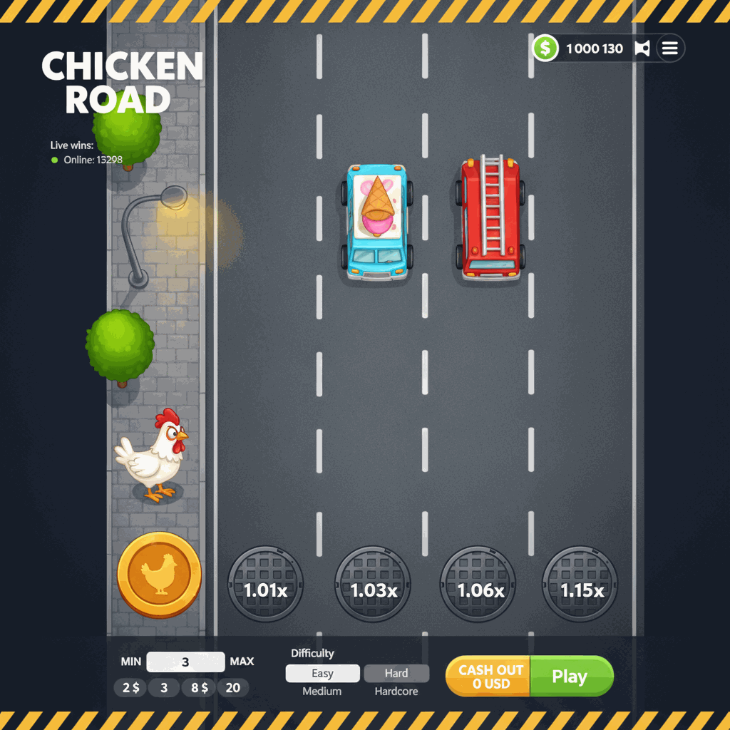 Chicken Road gioco crash di InOut: una gallina bianca attraversa una strada trafficata multi-corsia vista dall'alto, con auto colorate che sfrecciano sulle corsie grigie delimitate da strisce bianche tratteggiate, marciapiede di partenza con lampioni e alberi, indicatori di moltiplicatore circolari su ogni corsia che mostrano valori crescenti come 1.01x, 1.03x, 1.06x fino a moltiplicatori più alti, atmosfera arcade con grafica colorata stile cartoon